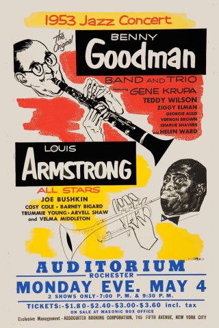 Jazz: Louis Armstrong & Benny Goodman Poster Circa 1953 Large Format 24x36