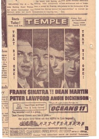 1960 Newspaper Ad For Movie Oceans 11 - Sinatra & Rat Pack,  Las Vegas Caper