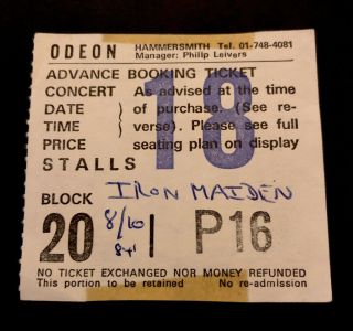 Iron Maiden Ticket Stub London Hammersmith 8 October 1984 World Slavery Tour