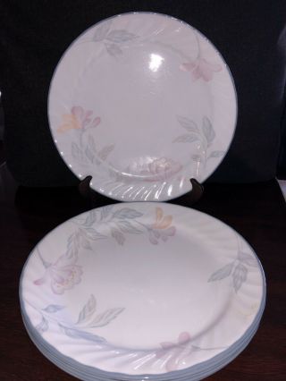 Set Of 6 - Corelle Pink Trio Dinner Plates - Swirl Blue Bands 10 1/8 "