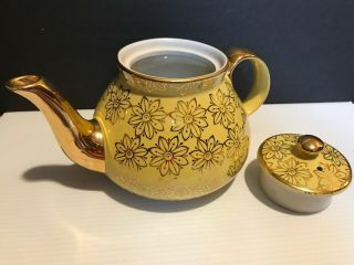Vintage HALL Canary YELLOW & GOLD Floral 6 Cup Teapot 2
