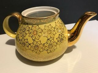 Vintage HALL Canary YELLOW & GOLD Floral 6 Cup Teapot 3