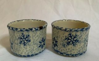 Henn Pottery Christmas Snowflake Blue Custard Cup Ramekin Crock Set Of 2