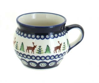 Blue Rose Polish Pottery Reindeer Pine Bell Shaped Mug