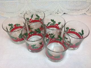 Vtg Libbey Set Of 6 Christmas Holly And Berries Flared Old Fashioned Glasses