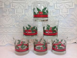 VTG LIBBEY Set of 6 CHRISTMAS Holly and Berries Flared Old Fashioned Glasses 2