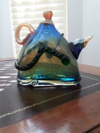 Fused Art Glass Signed 7 Inch Teapot Sculpture Murano Style Blue Green Gold
