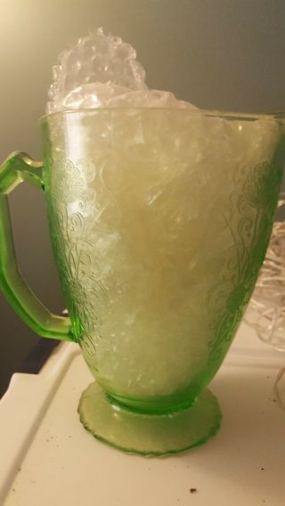 Vintage Green Vaseline Depression Glass Poppies Pitcher 8 1/2 " Tall 32 Oz.