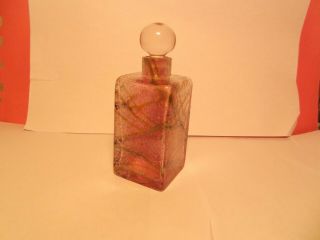 Okra Art Glass Stoppered Square Based Bottle Pink/white Tones Slivered Veins