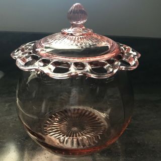 Pink Depression Glass Candy Dish Open Lace With Cover Lid Hard To Find.