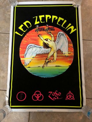 Vintage Led Zeppelin Swan Song Black Light Band Poster 846 Bravado Felt Funky