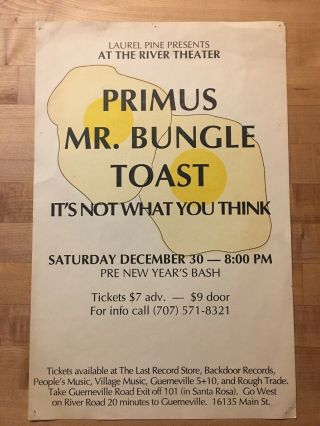 Primus And Mr.  Bungle Concert Poster River Theatre,  Guerneville,  Ca,  12/30/89