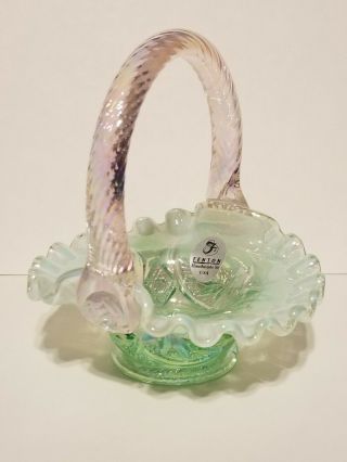 Fenton White,  Green With Pink Handle 4.  5 " Basket