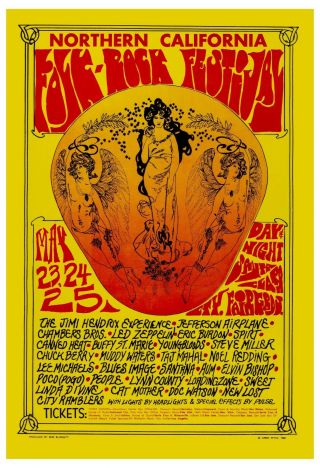 Jimi Hendrix & Led Zeppelin At Folk - Rock Concert Poster 1969 Large Format 24x36