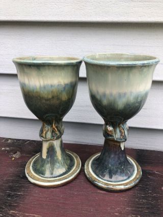Set Of 2 Handmade Stoneware Studio Art Pottery Wine Goblets Chalice Green