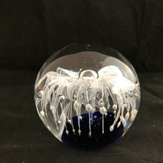 Vintage Round Clear and Blue Glass Paperweight with Flower Controlled Bubbles 3