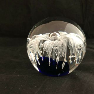 Vintage Round Clear and Blue Glass Paperweight with Flower Controlled Bubbles 5