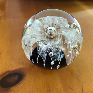 Vintage Round Clear and Blue Glass Paperweight with Flower Controlled Bubbles 7