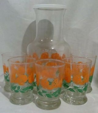 Vintage Libbey Orange Juice Glasses Small Set Of Five & Carafe W Lid