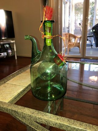 Vintage Hand Blown Green Italian Glass Wine Decanter W/ Ice Chamber & Stopper