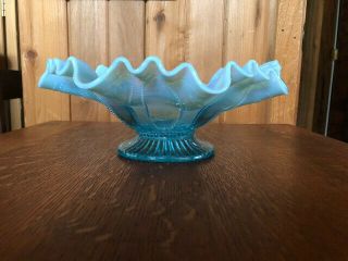 Antique Roulette Blue Glass Bowl.  Footed,  Crimped & Ruffled