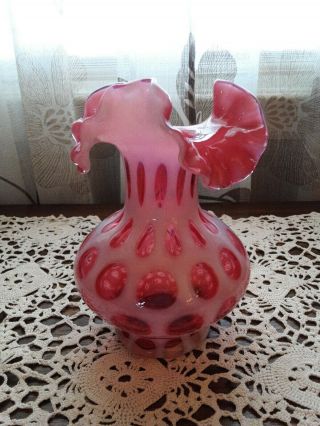 Vintage Fenton Coin Dot Cranberry Pink Cased Glass Double Ruffled Vase 7 " Tall