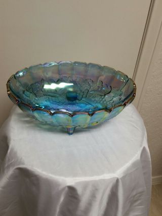 Vintage Carnival Glass Bowl Footed Blue Iridescent Harvest Grape 12 " Oval Mc