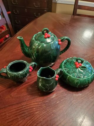 Vintage Lefton’s Japan China Christmas Holly Berry 4 Pc Tea Set W/ 1357 Teapot
