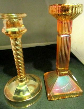 Two Antique Marigold Carnival Glass Candlesticks One W/ Twisted Stem,  One Ribbed
