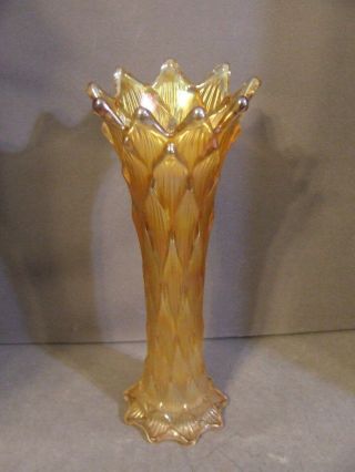Antique Vintage Ribbed Diamond Leaf Marigold Carnival Glass Swung Vase 9 3/4 "