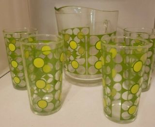 Vintage Continental Can Mid Century Large Pitcher With 4 Glasses Green Yellow