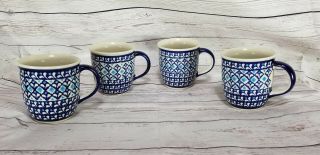 Set Of 4 Polish Pottery Boleslawiec Hand Made In Poland Coffee Tea Cups Mug Blue