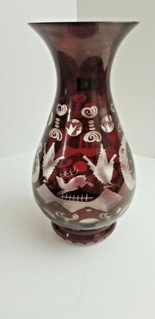 Vintage Labeled Egermann Vase Ruby Red Cut To Clear 8 " Bohemian Czech Rep