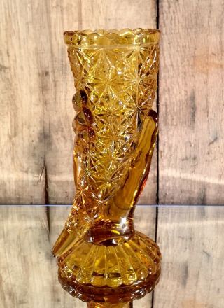 Fenton Buttons & Daisy Ladies Hand Cornucopia Vase 6 1/4 " Amber Glass Crystal