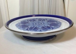 Large14.  5 " Bombay Company Blue And White Floral Porcelain Footed Cake Plate Heavy