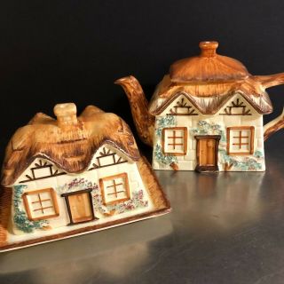 Vtg Cottage Ware Set 2 Keele St Pottery Made England Teapot Butter Cheese Dish