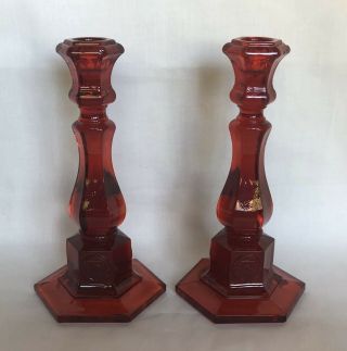 Fostoria Red Coin Glass Pattern 8” Single Candle Holders