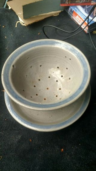 Handmade Stoneware Pottery Berry Bowl & Plate Strainer Colander Blue Rim
