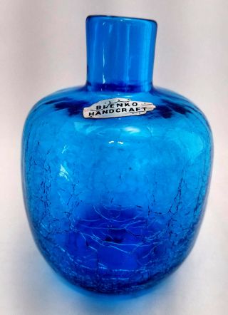 Vintage 1960s Blenko Blue Crackle Glass Joel Meyer Vase Candleholder 6424