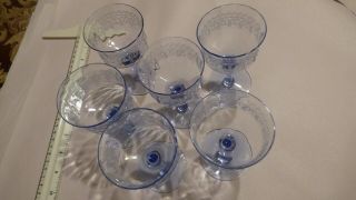 6 Vintage Depression Era Elegant Crystal & Blue Wine Goblets Etching Glasses
