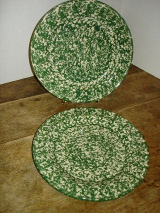Set Of 2 Green Spongeware Dinner Plates 10 " Roseville Ohio