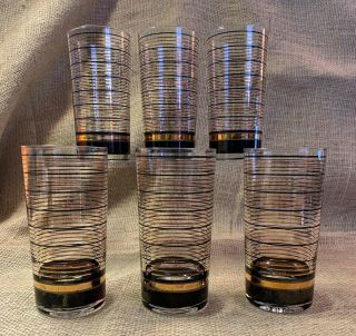 Vintage Culver Black & Gold Stripe Highball Drink Glasses - Set Of 6 Signed