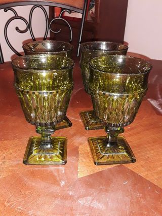4 Vintage Mid Century Indiana Glass Mt Vernon Green Footed Water Goblets 6 " X3.  5 "