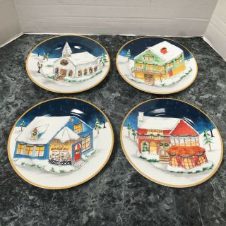 Set Of 4 American Atelier Winter Village 5053 Decorative House 8 " Plates