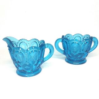 Vintage L E Smith Moon Stars Turquoise Blue Glass Sugar And Creamer Set