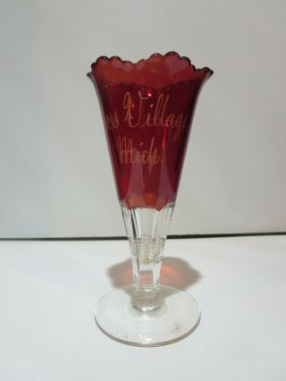 Eapg Ruby Flashed Vase Cross Village Mich 6 1/4 " Early American Pattern Glass