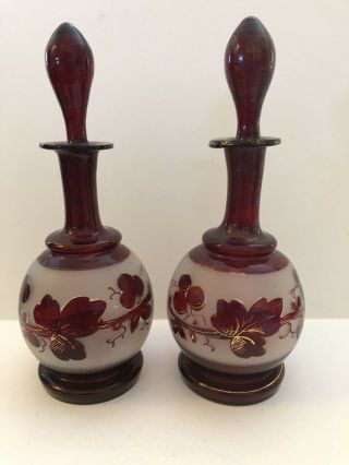 Antique Pair Bohemian Cranberry Gold Blown Art Glass Bottle Decanters Etched