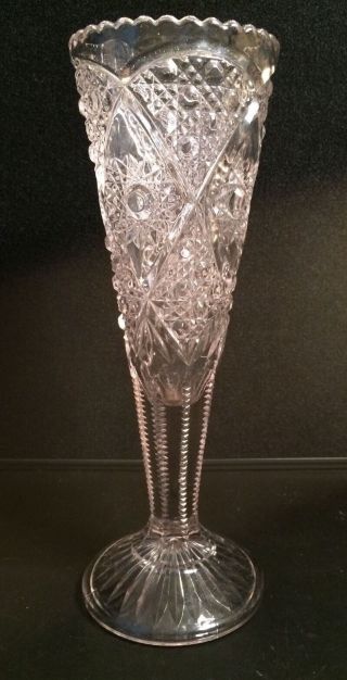 Eapg Clear Trumpet Vase 11 - 1/8 " Hobstar Fan Diamond Geometric Arch & Zipper Stem