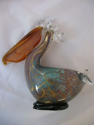 Hand Made Art Glass Pelican Paperweight,  Colorful Murano Style,  7 Inches Long