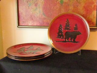 4 Home Studio Woodland Red Bear Dinner Plates 11 "